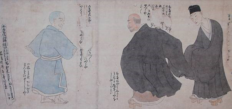 蕪村筆「三俳僧図」(左から竹渓・鷺十・両巴)