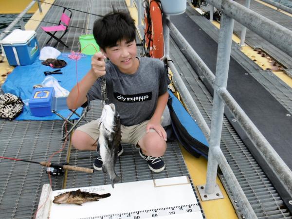 2022年7月18日海の日イベント子供海つり体験会に参加の京都市西村くんが釣ったタケノコメバル30センチをとお父さんのチヌ50センチの写真